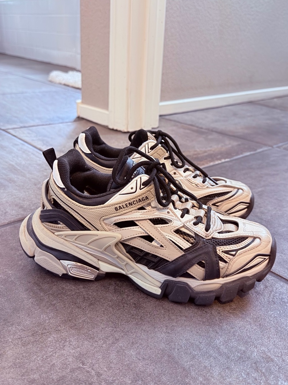 Balenciaga Men’s Runner-Style Sneakers in Cream & Black